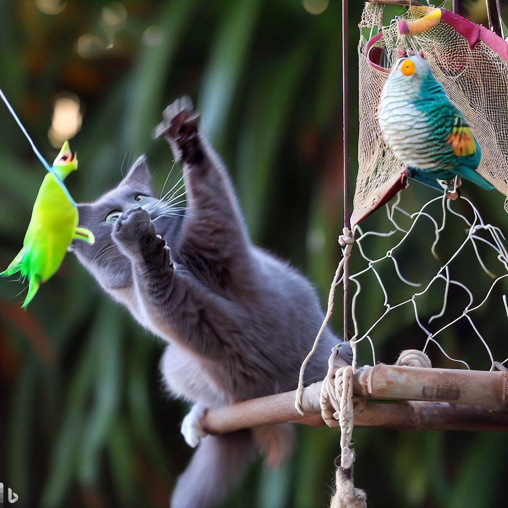  a playful cat batting at a fishing lure dangling from a string